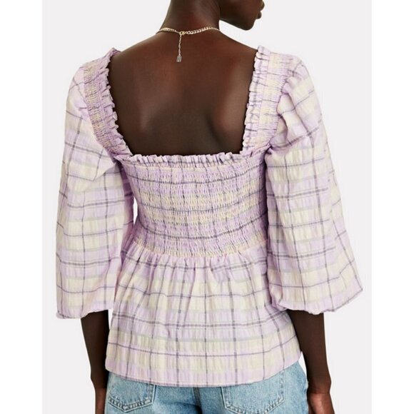 💕GANNI💕 Smocked Seersucker Plaid Top ~ Orchid Bloom Checked Print 44 EU NWT - Picture 3 of 16